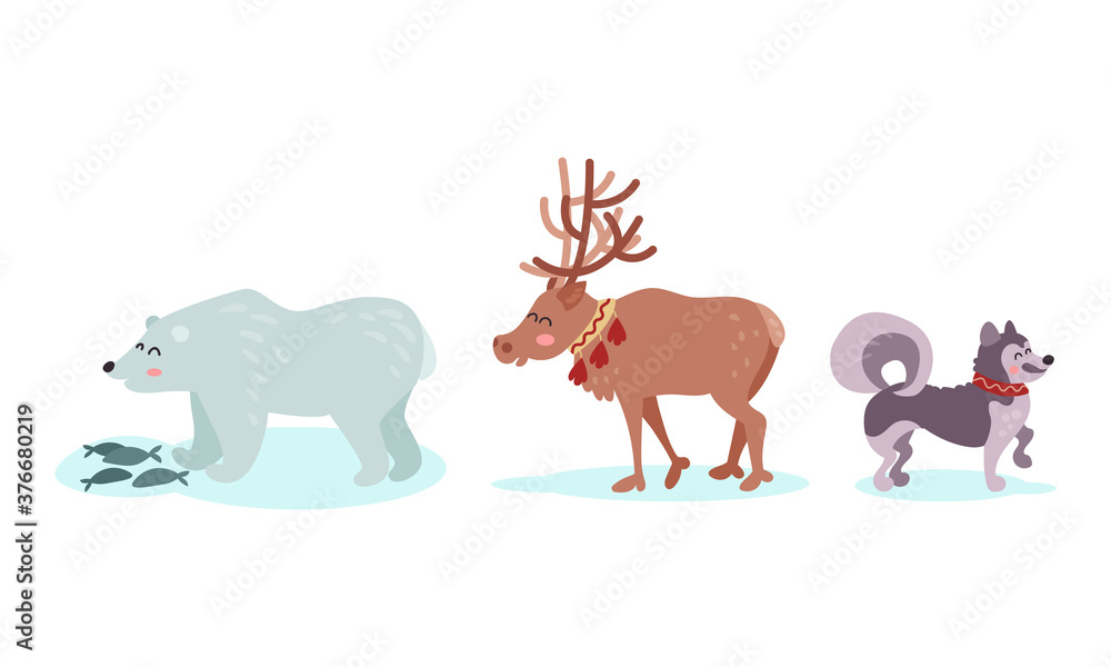 Obraz premium Arctic or Polar Animals with White Bear and Deer Vector Set