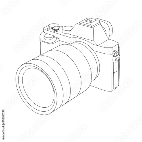 Black and white outline. A drawn camera with a full matrix and a wide-angle lens.