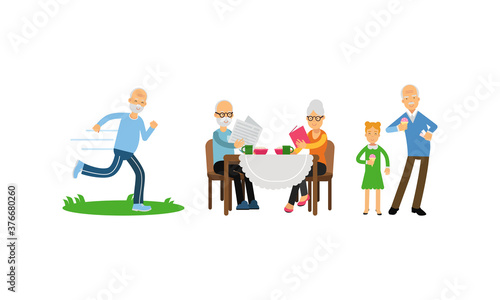 Old Age Pensioner People Characters Engaged in Daily Activity Vector Illustration Set