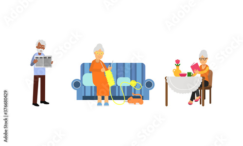 Old Age Pensioner People Characters Engaged in Daily Activity Vector Illustration Set