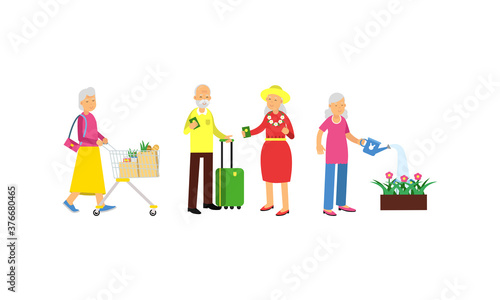 Old Age Pensioner People Characters Engaged in Daily Activity Vector Illustration Set