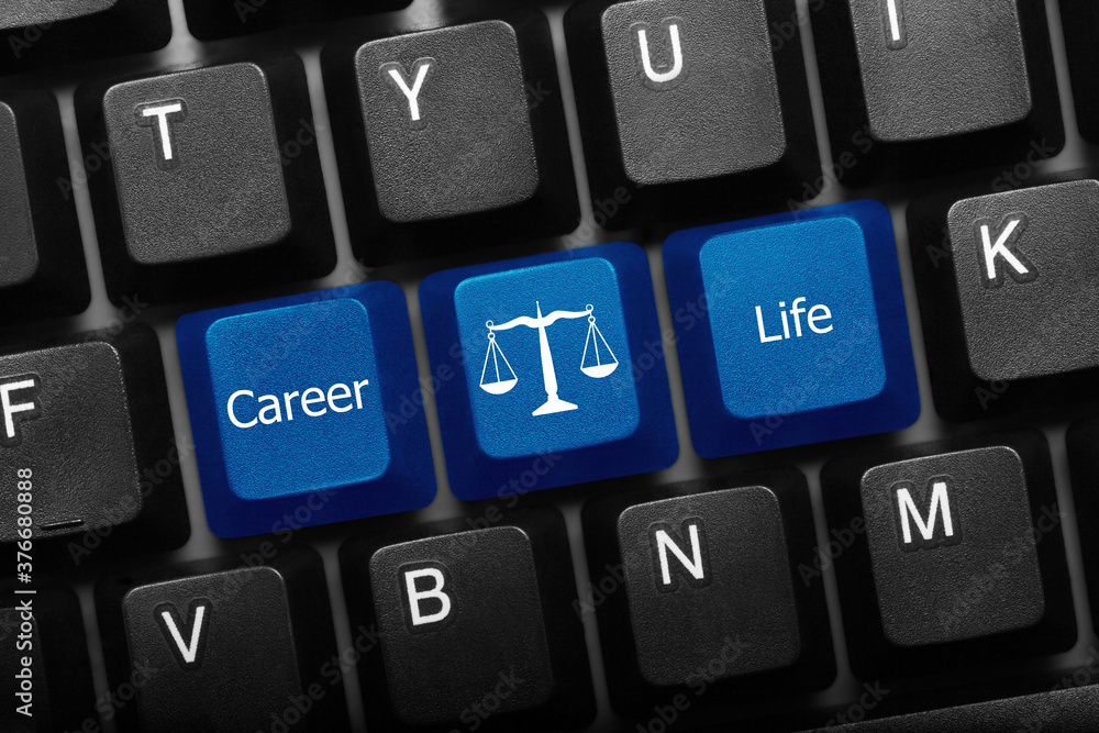 Three keys conceptual keyboard - Career and Life keys with scales symbol Three keys conceptual keyboard - Career and Life keys with scales symbol