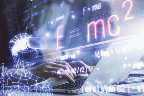 Science formula hologram with man working on computer on background. Education concept. Double exposure.