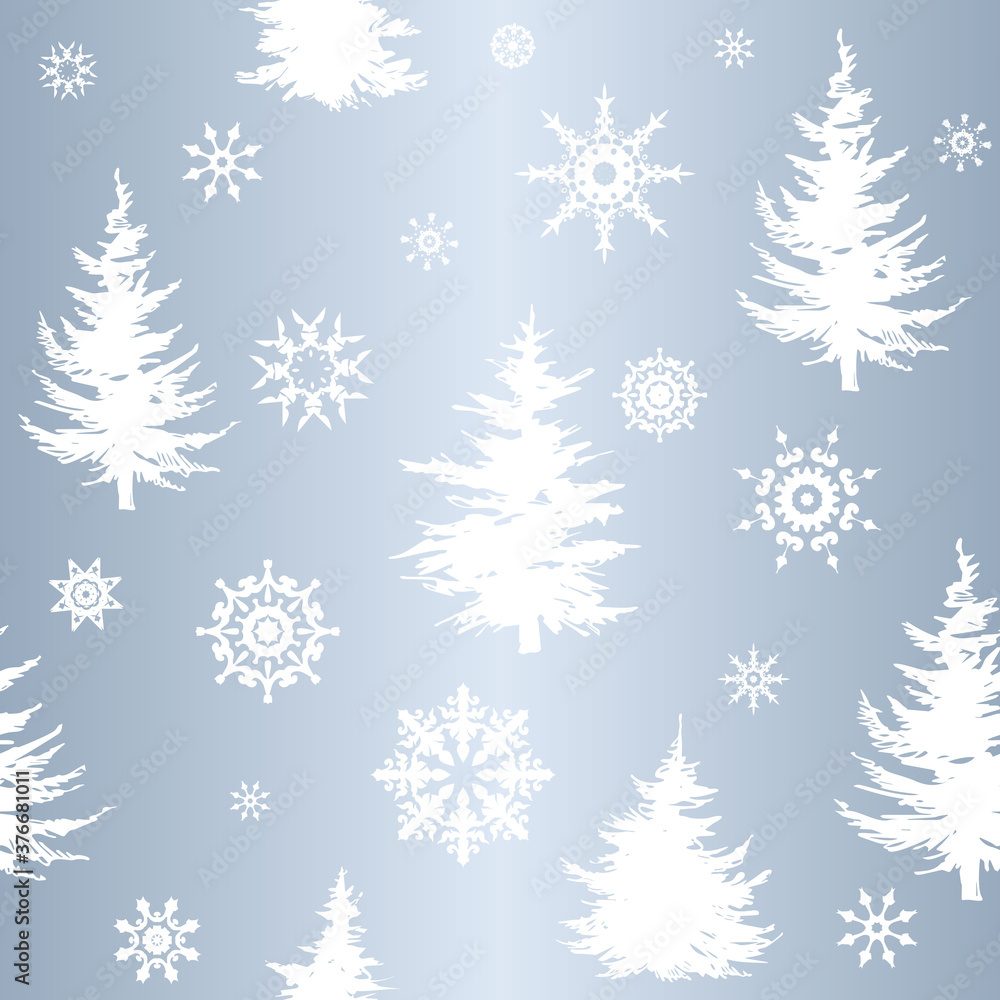 Seamless pattern with fir trees and snowflakes. Vector colorful illustration