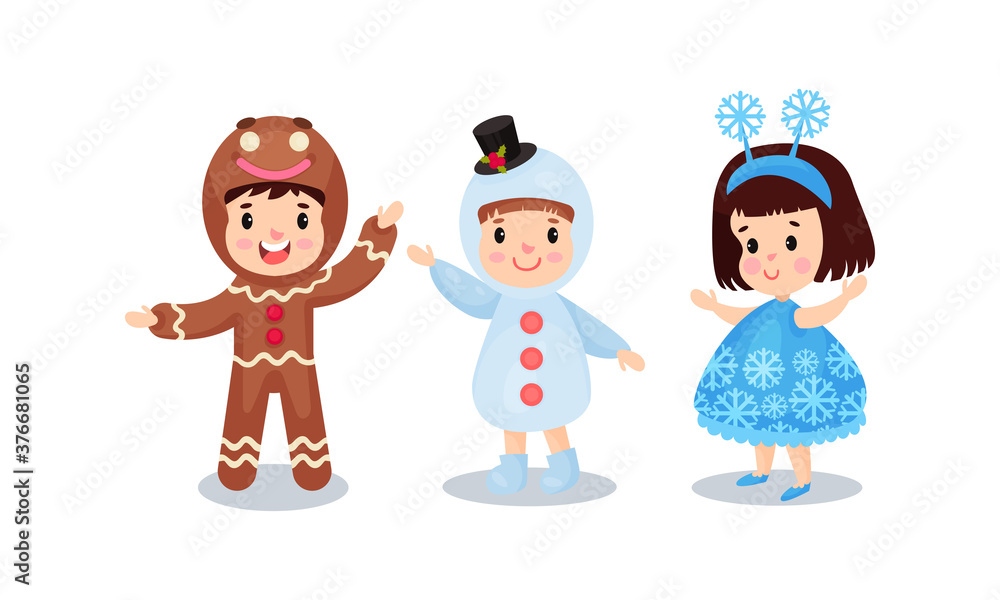 Happy Children Dressed in Christmas Costumes Vector Illustration Set Happy Children Dressed in Christmas Costumes Vector Illustration Set