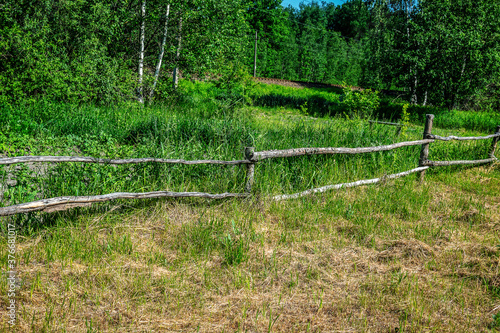 A wooden perch (poles) fence in a beautiful natural place encloses the beds. In the background there is a railway track and a forest. Beautiful rural summer landscape of temperate climate.