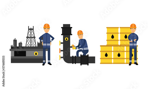 Male Character Turning Pipeline Valve Vector Illustration Set