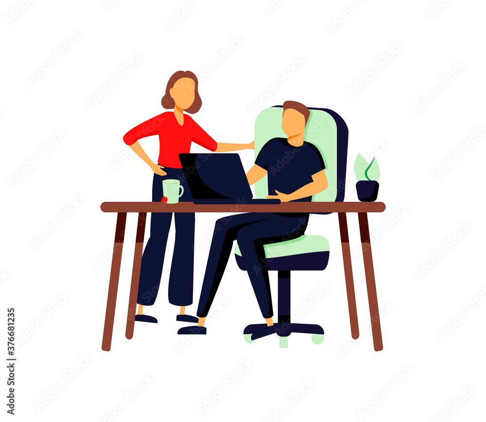 Young man is sitting at a desk with laptop and his colleague is pointing to a screen and giving advice. Office business concept. Modern vector illustration. Young man is sitting at a desk with laptop and his colleague is pointing to a screen and giving advice. Office business concept. Modern vector illustration.