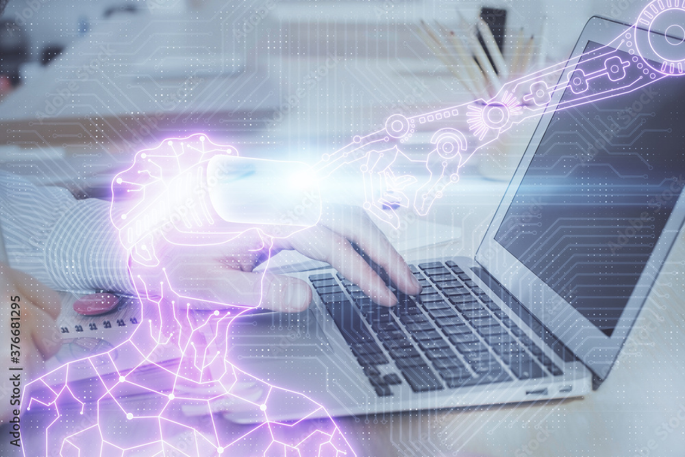 AR hologram with man working on computer on background. Augmented reality concept. Double exposure. AR hologram with man working on computer on background. Augmented reality concept. Double exposure.