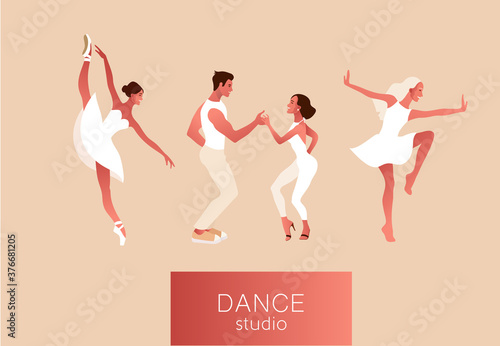 Dance studio. Set of happy active positive women dancing. Ballerina in a tutu, wearing pointe shoes, couple dancing salsa. Vector illustration