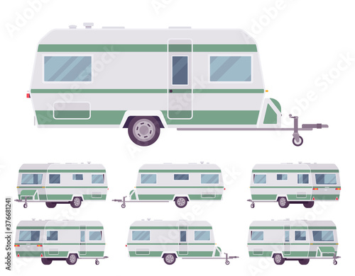 RV vintage style camper, travel trailer for outdoor adventures. Functional vacation van, camping experience and caravanning family lifestyle. Vector flat style cartoon illustration, different views