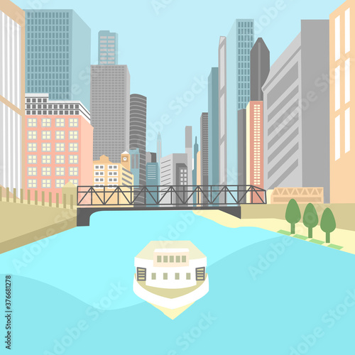 Chicago river with boat in flat design. City buildings vector illustration.
