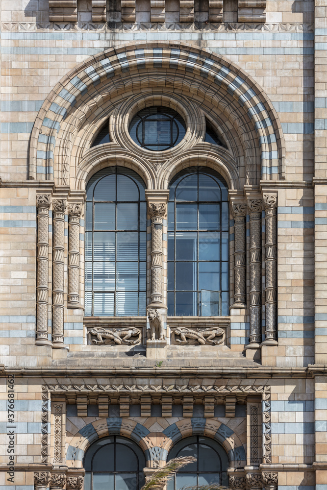 Architectural details featuring various animal sculptures on the fascia of the Natrual History Museum in South Kensington, London, UK