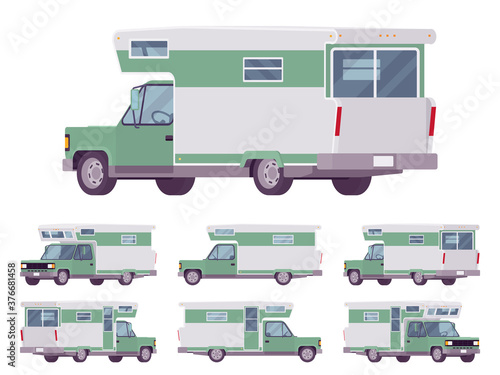 RV camper van car, recreational vehicle set. Motorhome trailer with living accommodations, holiday journey caravan, convenient home on wheels. Vector flat style cartoon illustration, different views