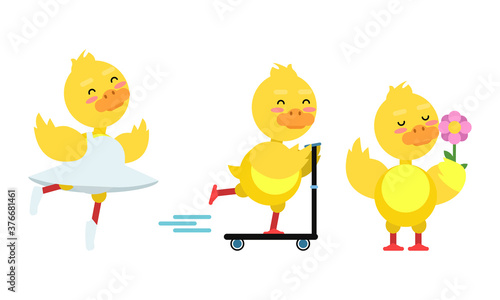 Funny Yellow Duckling Riding Scooter and Dancing Ballet Vector Set