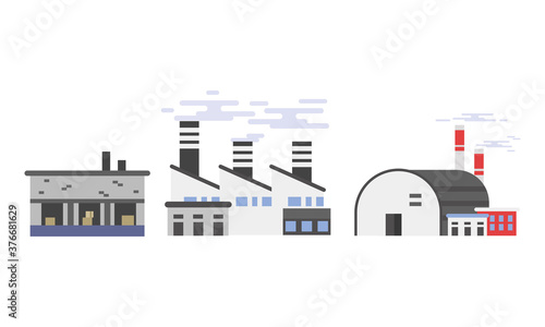 Industrial Plant and Factory Buildings with Chimney Stalk Vector Set