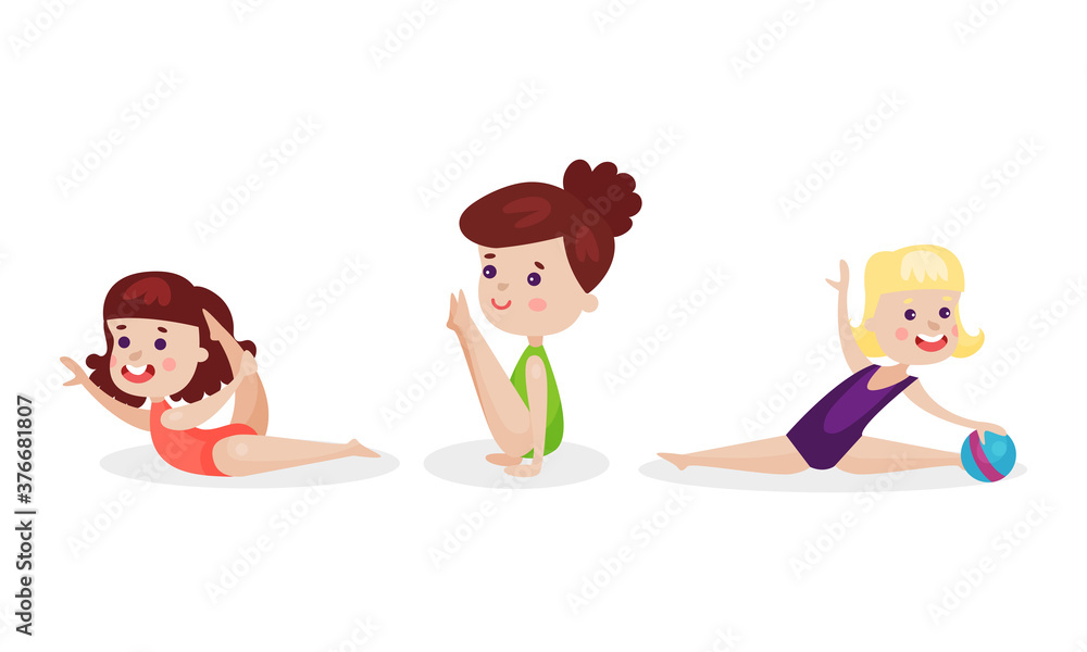 Little Girl Stretching Out and Doing Physical Drill Vector Illustration Set