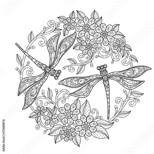 Dragonfly in flower garden. Hand drawn sketch illustration for adult coloring book