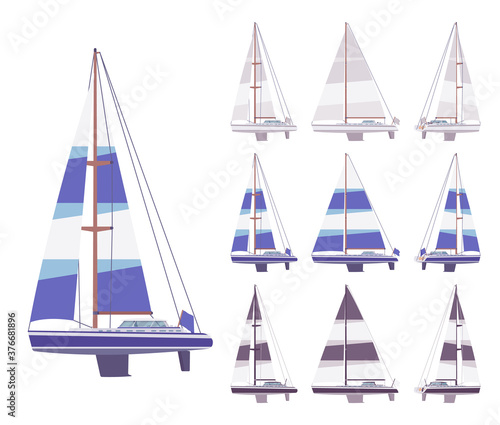Sailing yacht set, vessel used for pleasure, cruising, or racing. Watercraft to enjoy wave speed and freedom in sea, ocean navigation hobby. Vector flat style cartoon illustration, different views