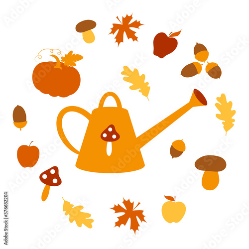 Gardening. Autumn set: watering can, pumpkin, apple, mushroom, acorn, maple and oak leaf. Harvest festival. Inventory. Flat design. Isolated elements on a white background Vector illustration