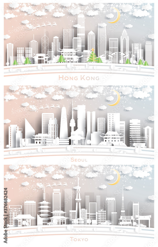 Seoul South Korea, Tokyo Japan and Hong Kong China City Skylines Set in Paper Cut Style with Snowflakes, Moon and Neon Garland.
