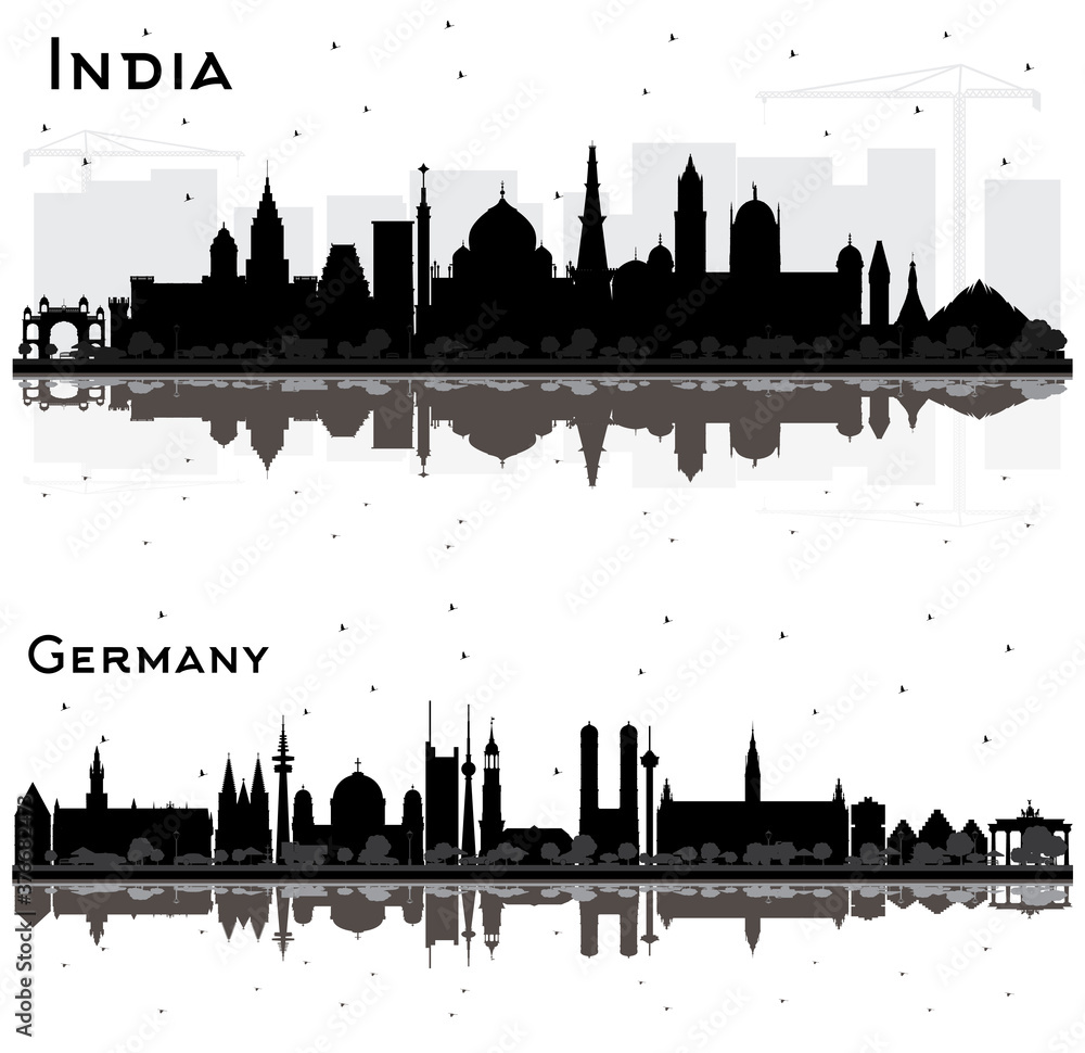 Germany and India City Skyline Silhouettes Set with Black Buildings and Reflections Isolated on White. Germany and India City Skyline Silhouettes Set with Black Buildings and Reflections Isolated on White.