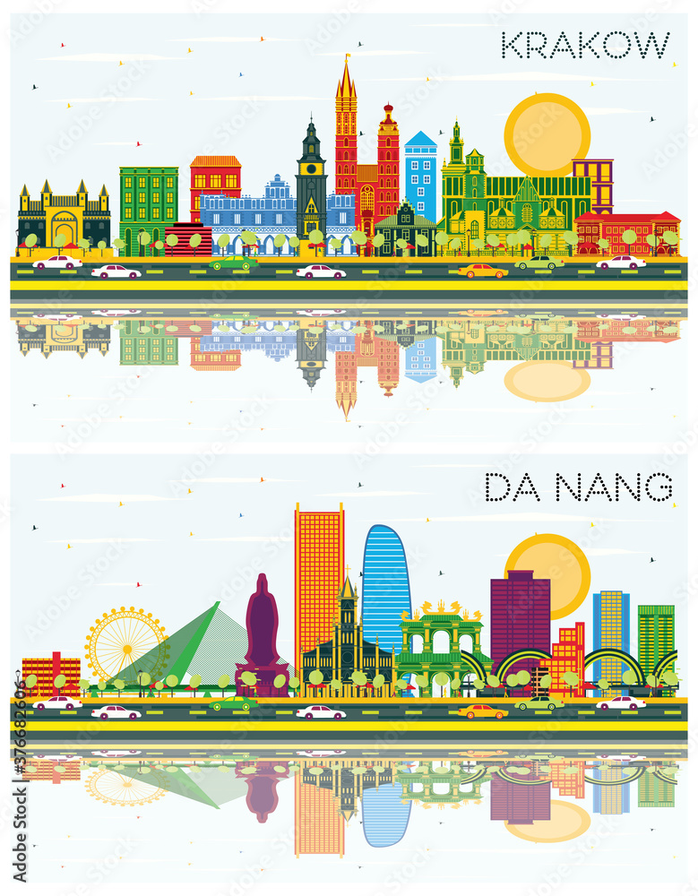 Da Nang Vietnam and Krakow Poland City Skylines Set with Color Buildings, Blue Sky and Reflections.