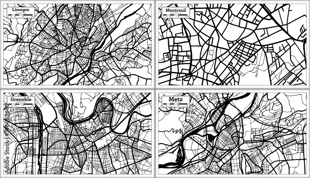 Montreuil, Grenoble, Metz and Limoges France City Maps Set in Black and White Color in Retro Style.