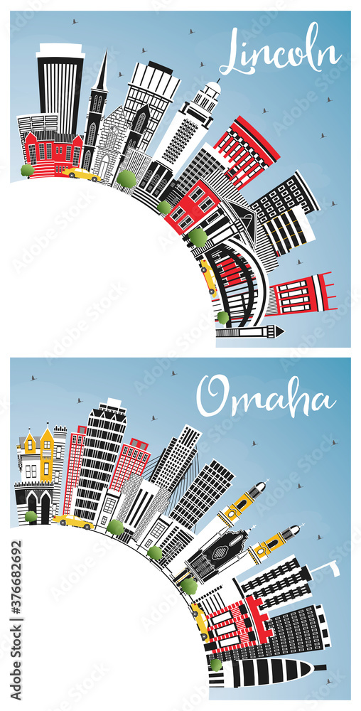 Omaha and Lincoln Nebraska City Skylines Set with Color Buildings, Blue Sky and Copy Space.
