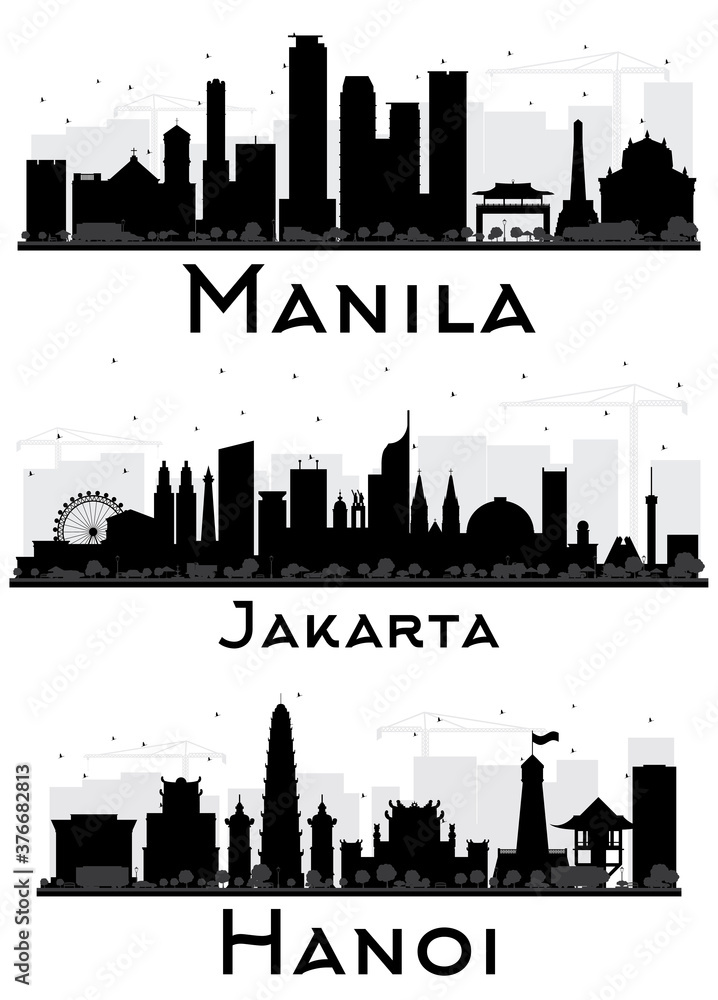 Jakarta Indonesia, Hanoi Vietnam and Manila Philippines City Skyline Silhouettes Set.