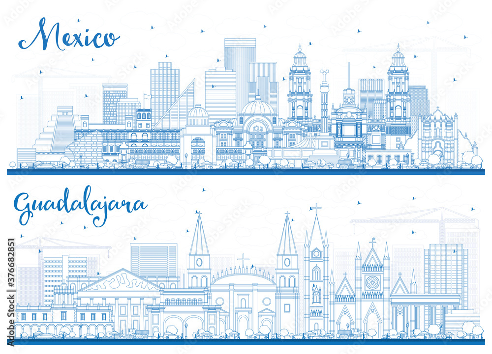 Outline Guadalajara and Mexico City Skylines Set with Blue Buildings.