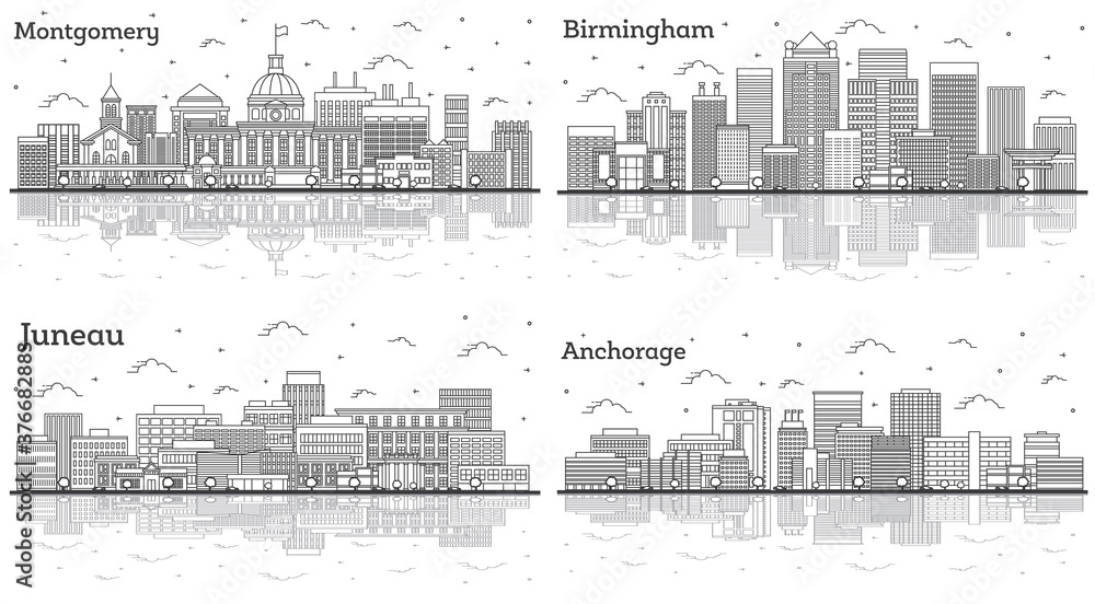 Outline Birmingham and Montgomery Alabama, Juneau and Anchorage Alaska City Skylines Set with Modern Buildings.