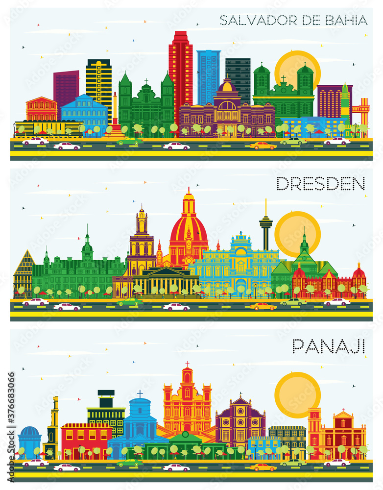 Panaji India, Dresden Germany and Salvador de Bahia Brazil City Skylines Set with Color Buildings and Blue Sky.