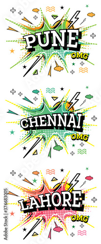 Lahore  Chennai and Pune Comic Text Set in Pop Art Style.