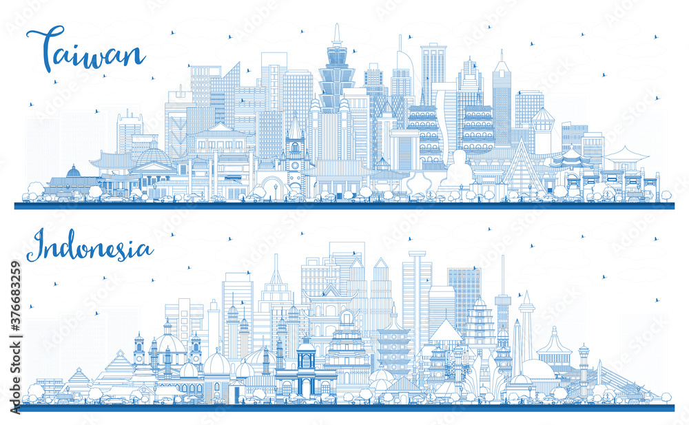 Outline Taiwan and Indonesia City Skylines Set with Blue Buildings.