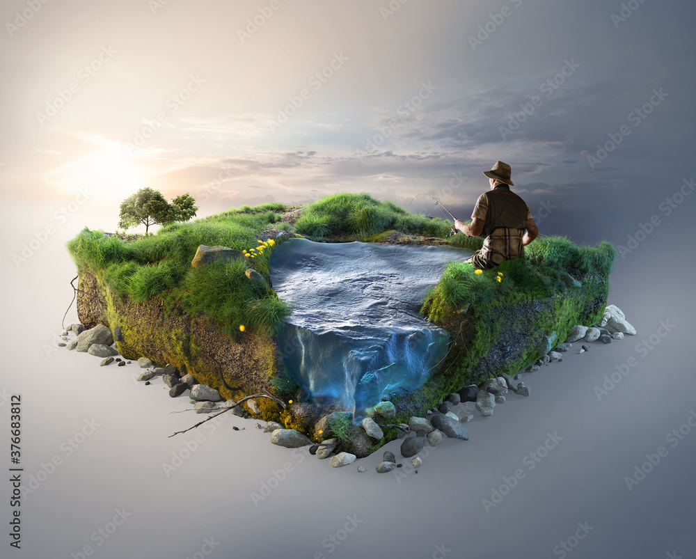 Fototapeta Travel and fishing background. 3d illustration with cut of the ground and the grass landscape with the cut of the pond.