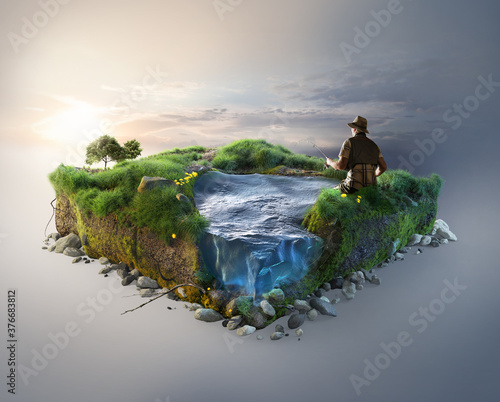 Fototapeta Travel and fishing background. 3d illustration with cut of the ground and the grass landscape with the cut of the pond. 