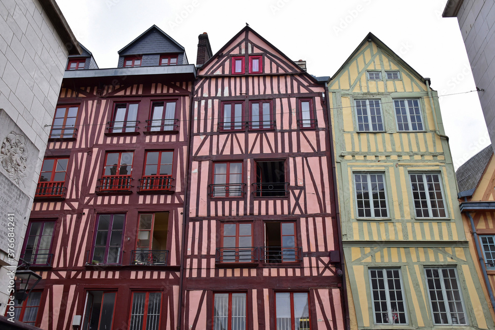 Half-timbered colorful houses in Rouen, France. Beautiful multi-colored medieval houses