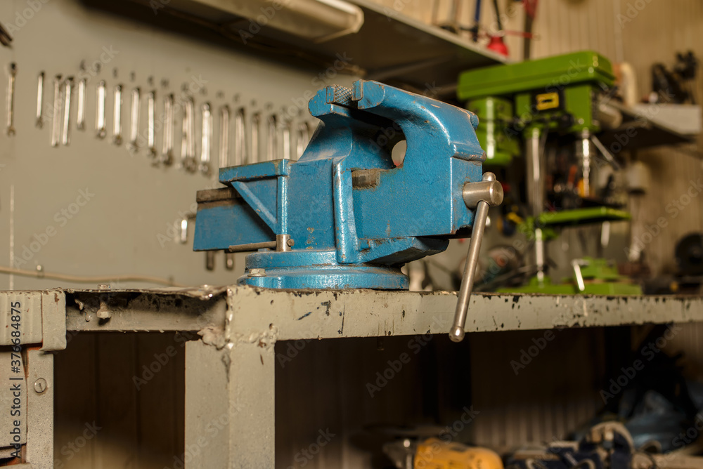 Table vise in a locksmith shop Table vise in a locksmith shop