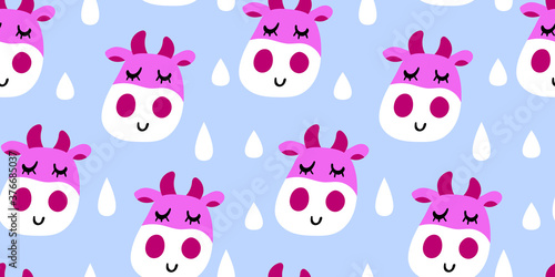 Vector smiling cow pattern in flat cartoon style with milk splash. Seamless cute design in for textile prints, wrapping paper, milk packages etc.