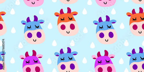 Vector smiling cow pattern in flat cartoon style with milk splash. Seamless cute design in for textile prints, wrapping paper, milk packages etc.