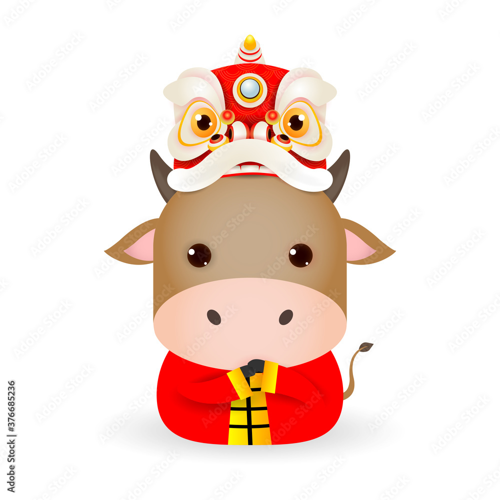 Happy Chinese new year 2021 year of the ox zodiac, cute Little cow with  Lion Dance Head, Cartoon vector illustration isolated on white background.  Stock Vector | Adobe Stock
