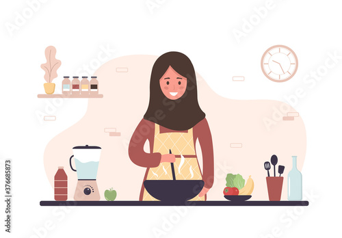 Arab woman cooking in kitchen. Smiling girl preparing homemade meals for lunch or dinner. Preparation homemade pastry or baking. Flat cartoon vector illustration.