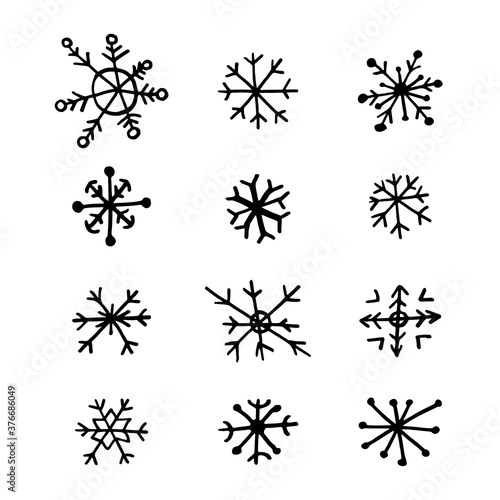 Simple hand drawn set doodle snowflakes isolated on white background. Vector illustration. Collection drawing Ice crystal ink freehand. Design for print, banner, greeting card, logo