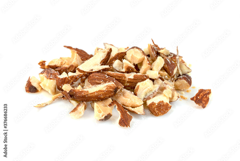 broken almonds isolated on white background broken almonds isolated on white background