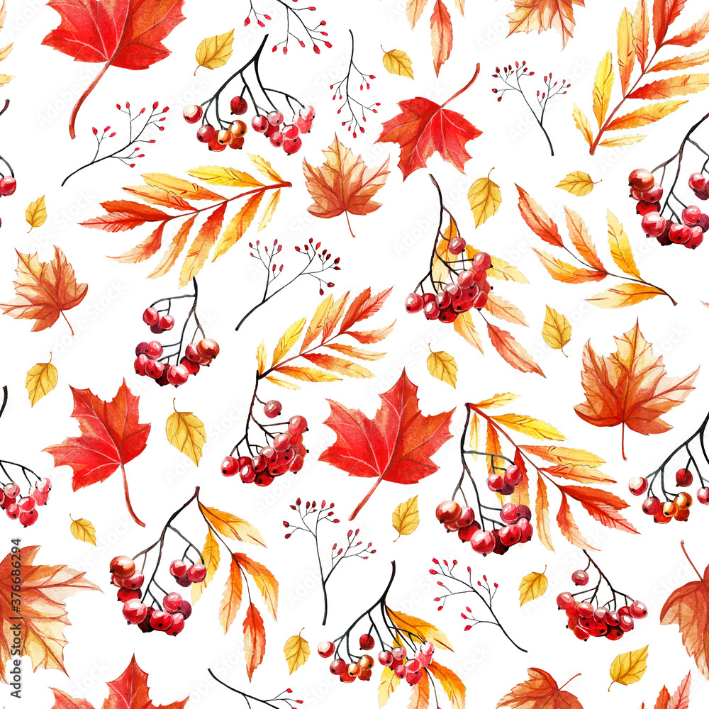 Obraz premium Seamless hand-drawn ornament on an autumn theme with red rowan berries, yellow birch leaves, twigs and maple leaves. For the design of invitations, fabrics, etc.