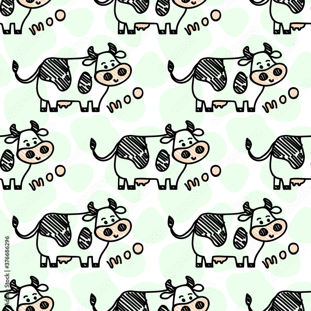 Vector smiling standing cow pattern on a spot background. Seamless cute