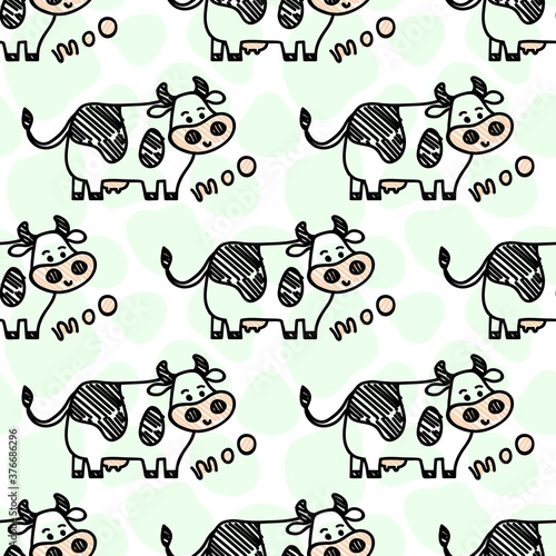 Vector smiling standing cow pattern on a spot background. Seamless cute design in sketch doodle or marker style, black outline. For textile prints, wrapping paper, milk packages etc.