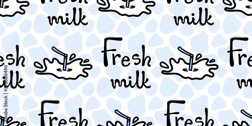 Vector pattern with Fresh milk lettering and straw in milk splash and drops on cow spot background. Seamless design, line doodle style for textile prints, funny wrapping paper, packages etc. Vector pattern with Fresh milk lettering and straw in milk splash and drops on cow spot background. Seamless design, line doodle style for textile prints, funny wrapping paper, packages etc.