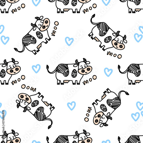 Vector smiling standing cow pattern with Moo lettering and hearts symbols. Seamless cute design in sketch doodle or marker style, black outline. For textile prints, wrapping paper, packages etc.